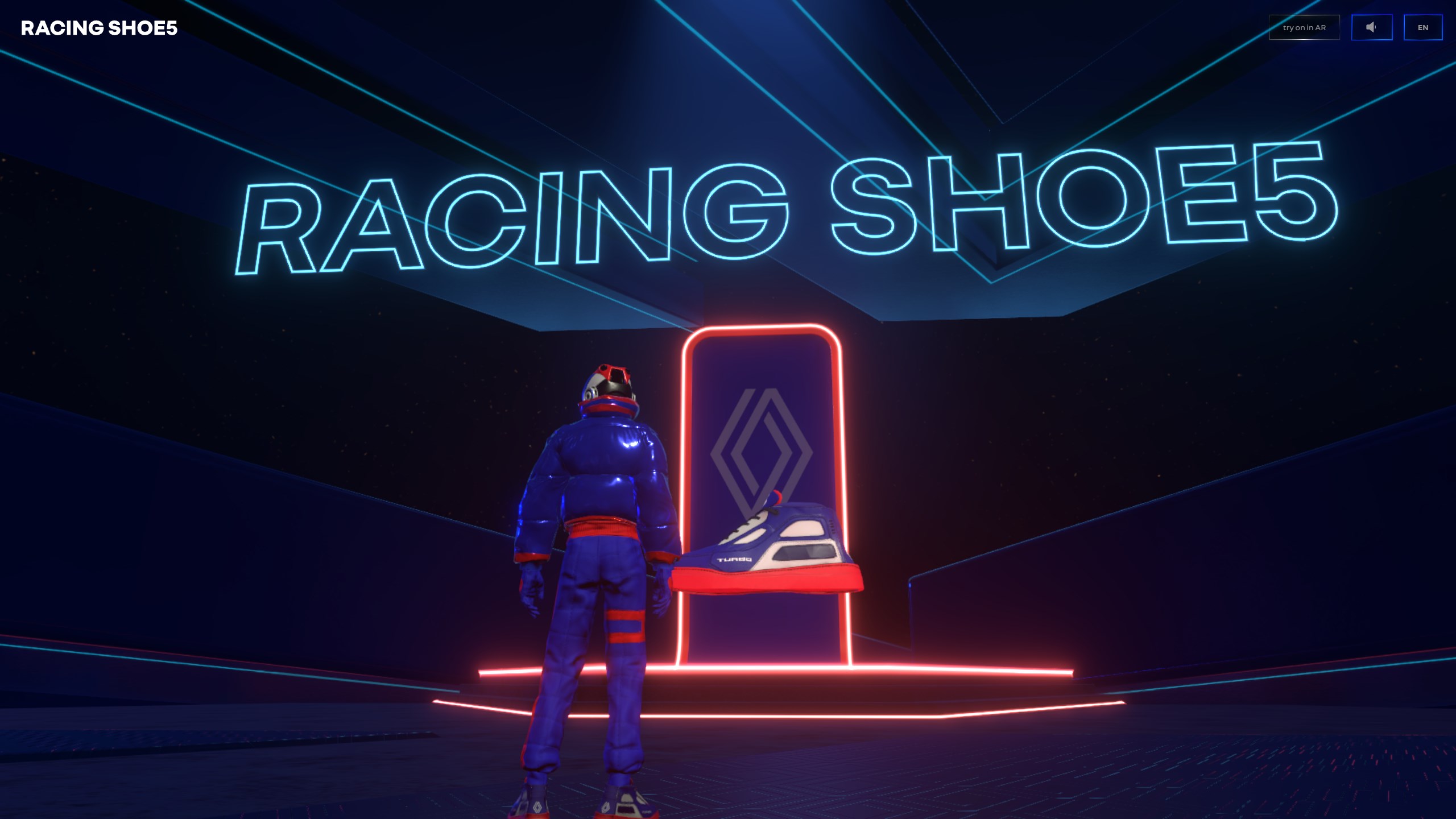 Racing Shoe5 entrance staged inside a neon Renault universe